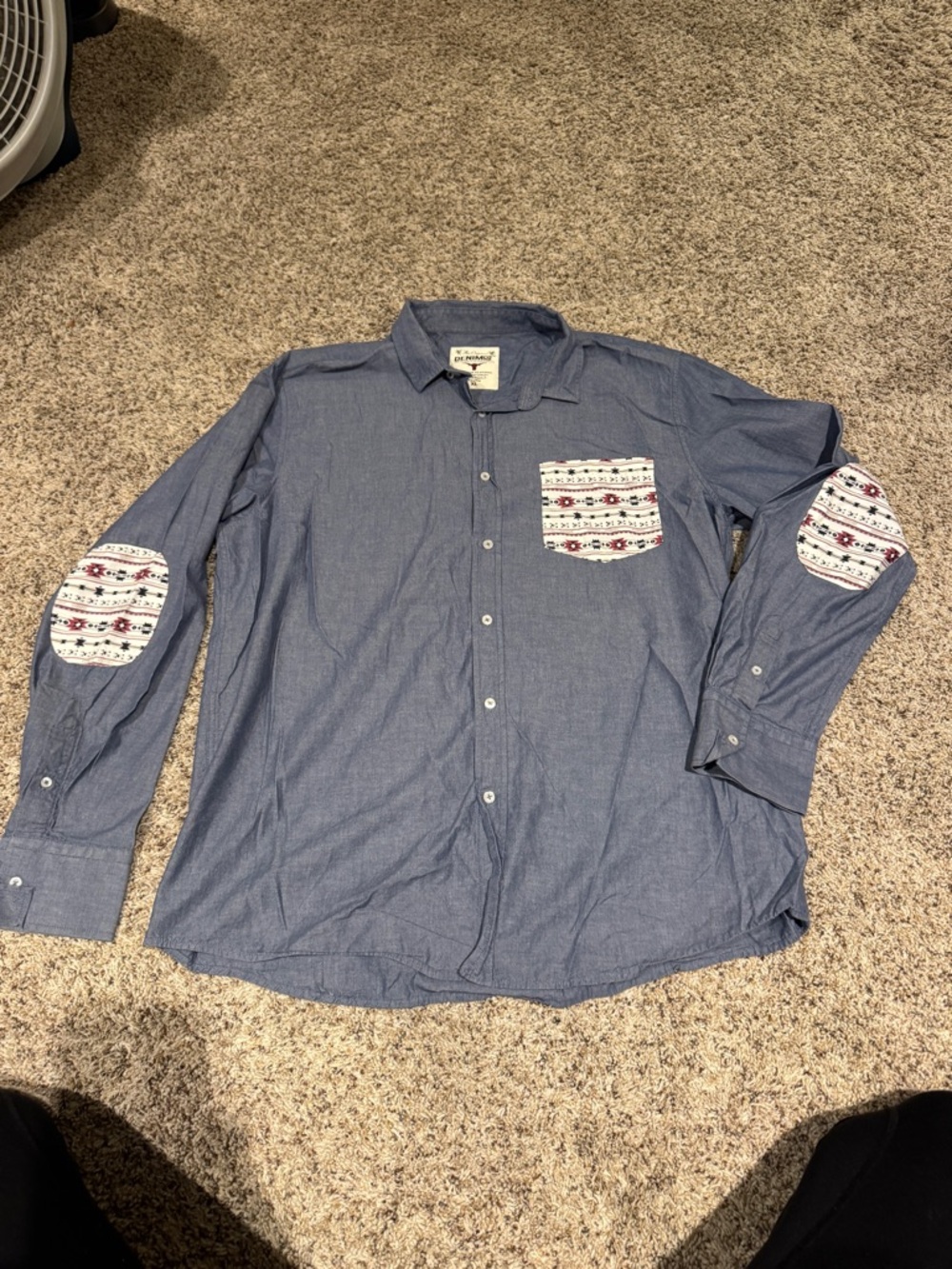 Denim&Co Blue Button-Down Shirt with Patterned Pocket and Elbow Patches